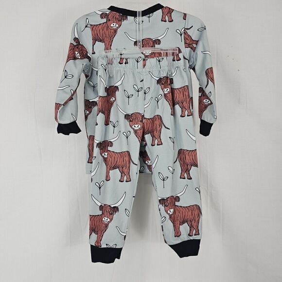 Highland Cow Pajama Blue/gray With Black Trim Brown Cow Print Pajama Set Size 92 - Picture 4 of 5